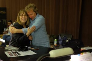 Composer Lori Laitman and Music Director Ari Pelto embrace during rehearsals for The Scarlet Letter. Photo: Opera Colorado/Matthew Staver