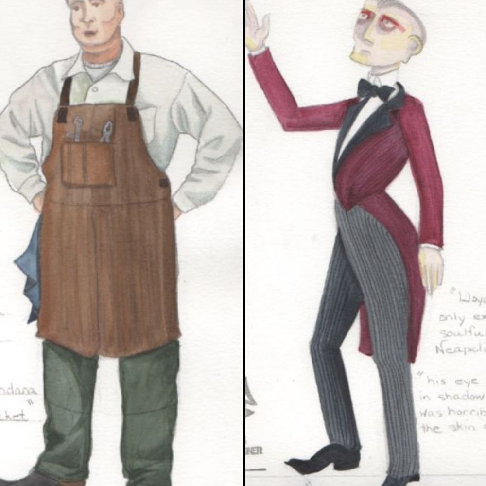 Costume renderings for Bill Watson and Lloyd the Bartender.