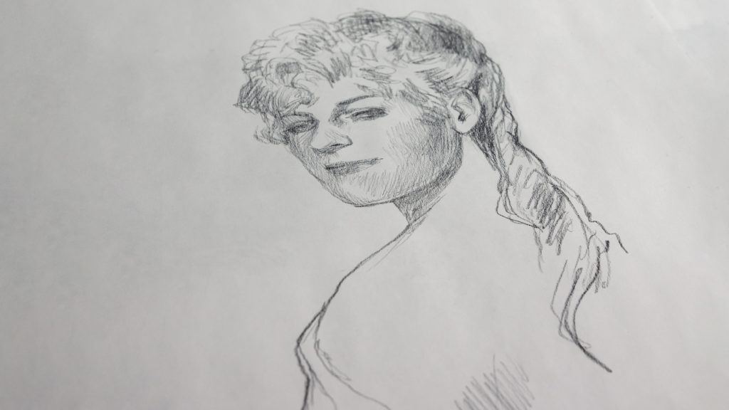 Sketch of a woman facing the viewer as she looks over her shoulder