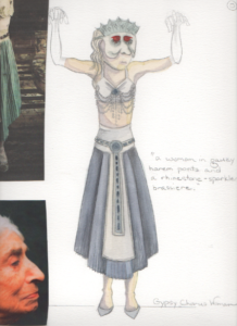 Costume sketch by Kärin Simonson Kopischke of a ghost dressed for a masquerade ball with a mask, crown, and long gloves. Her eyes are red, and her arms are raised.