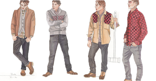 A series of four costume sketches by Kärin Simonson Kopischke sketches showing Jack Torrance’s costumes and how they change over time to include more red coloring.
