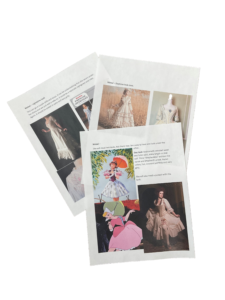 Three sheets of paper with images of dresses from the Victorian era showing the inspiration for the costumes used in this production