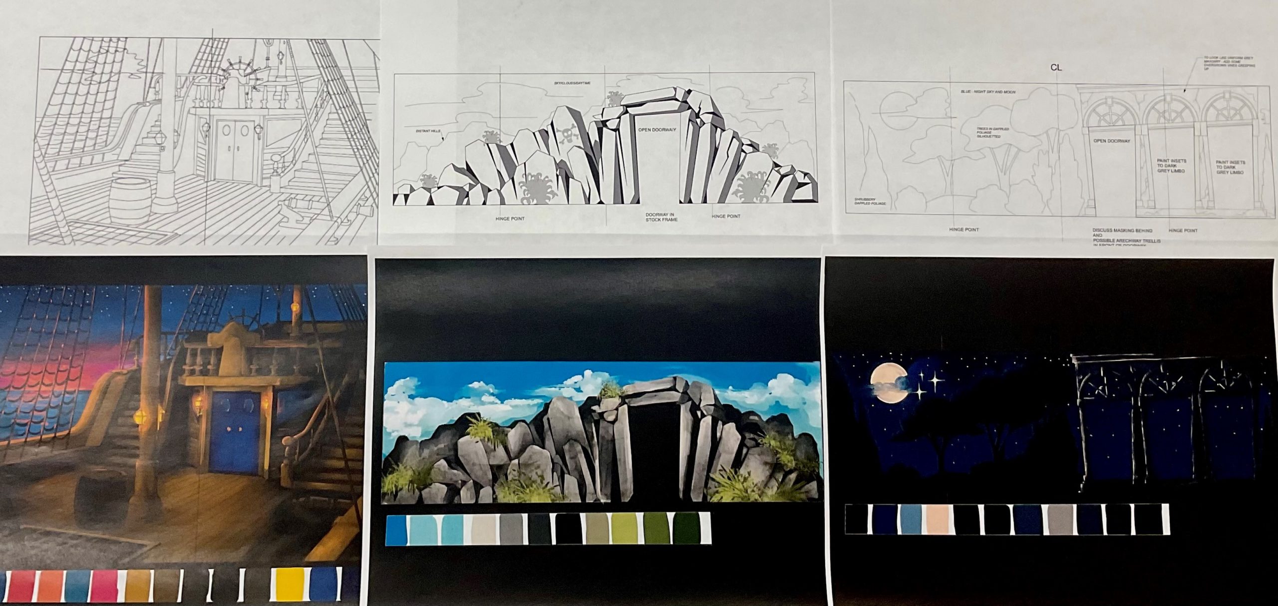 Black and white images of the three sets for The Pirates of Penzance juxtaposed with the same sets painted in full color with the pallet below.