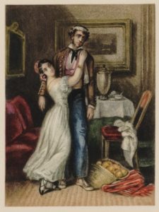 A painting of Carmen clinging to a man
