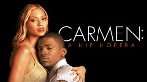 Beyoncé and Mekhi Phifer stand together over a city skyline in the poster for the 2001 film. Carmen: A Hip Hopera