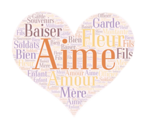 Word cloud in the shape of a heart with words of various sizes in orange, yellow, purple, and mauve. The largest word in the middle is “Aime,” surrounded by “Baiser” and “Fleur.”