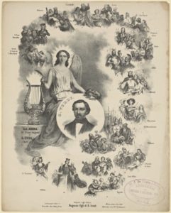 A portrait of Verdi surrounded by illustrations of his operas. 