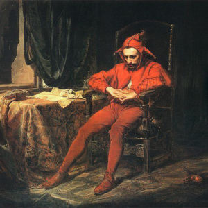Painting of a man wearing a red suit with a three-pointed hat slouches in a dark brown chair.