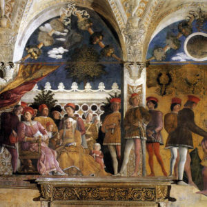 Fresco image of many people wearing red hats gathering in an Italian court in the fifteenth century.