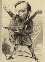 A sepia-toned illustration of Piave performing a speech with text in hand and a stringed instrument on his back.