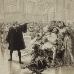 Black and white drawing of an older man standing with his left arm outstretched over a crowd of terrified people.