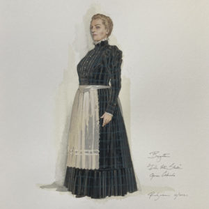 Sketch of a woman with her hair in a tight bun, a long black dress, and a white apron around her waist.