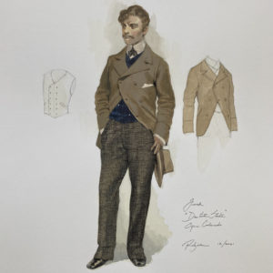 Drawing of a man with a tan, buttoned coat and tan pants with black lines.