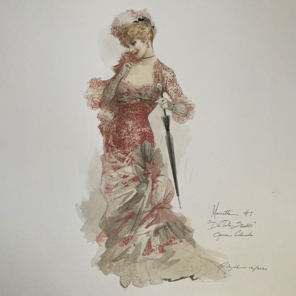 Drawing of a woman in a long pink dress with white ruffles on the bottom