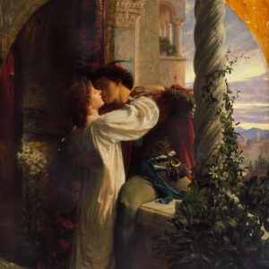 Painting of a man and woman in a renissance setting next to a balcony