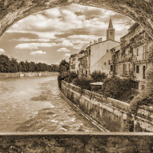 Sepia image showing the coastline of Verona, Italy