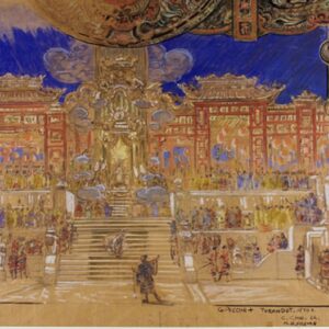 Set design for Turandot featuring a drawing of a large palace with a man standing at the bottom of the stairs