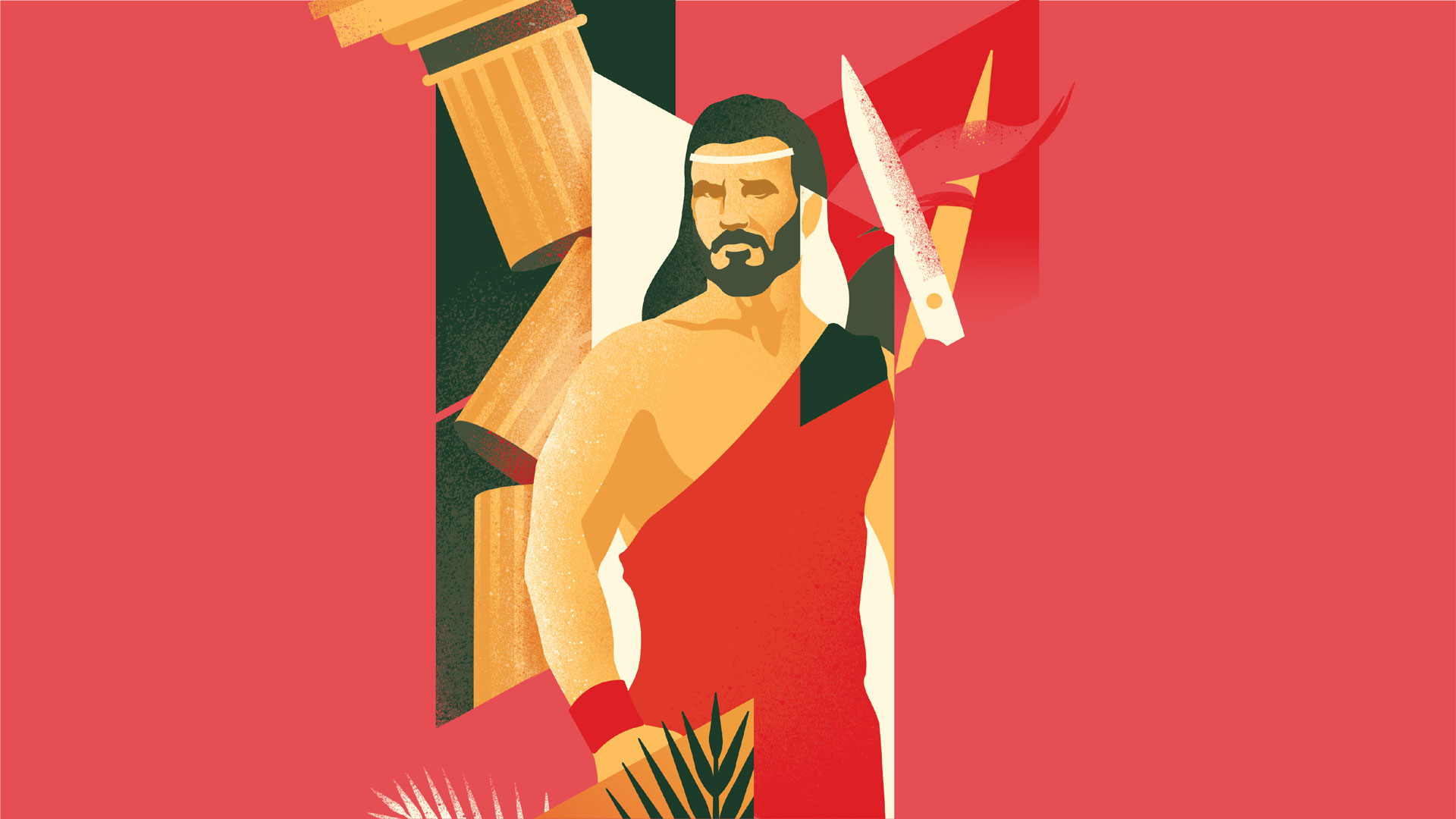 Illustration of Samson including scissors, ferns, and a broken pillar