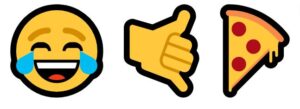 Three emojis: laughing, hang loose hand, pizza