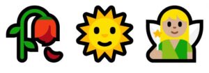 Three emojis: red flower, sun, fairy
