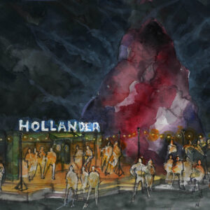 A drawing of people standing in a bar with the sign "Hollander" above and a red sail in the background