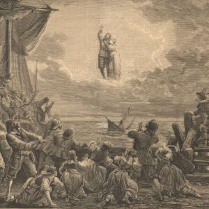 A black and white drawing of a crowd watching as a couple ascends to the sky