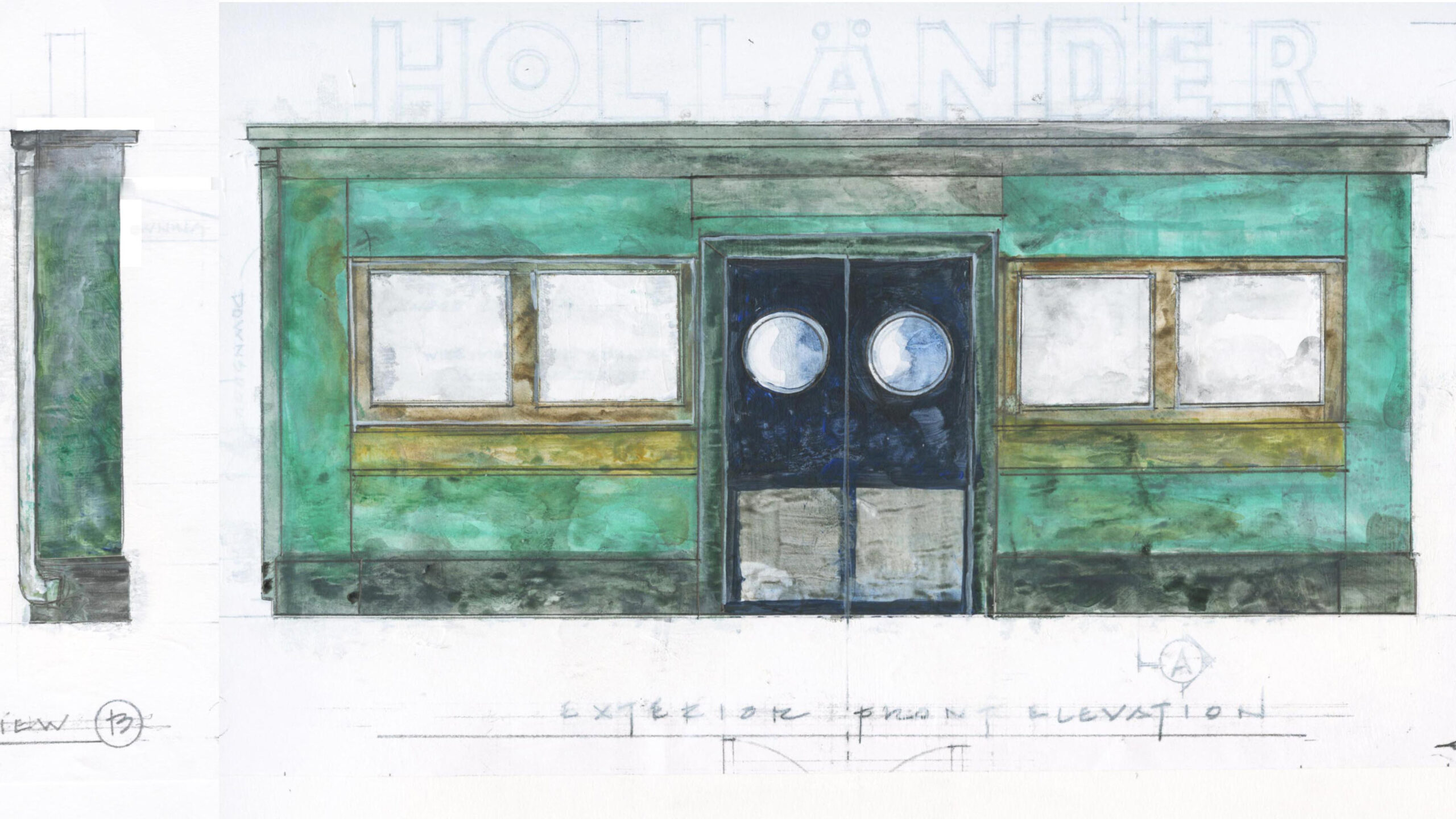 Drawing of a blue building with navy double doors in te middle with window pairs on each side