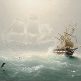 A ship floats above the water while another ship sits on the shoreline