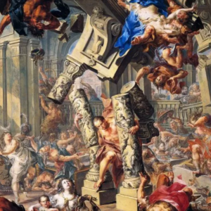 Painting of a man pulling down a temple as those around him tumble in chaos